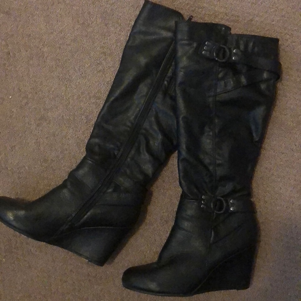 Knee High black wedge boots